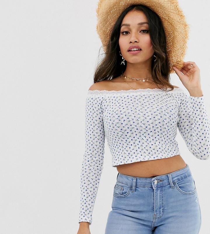 Asos Design Petite Bardot Top In With Rib Ditsy Print-white