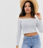 Asos Design Petite Bardot Top In With Rib Ditsy Print-white
