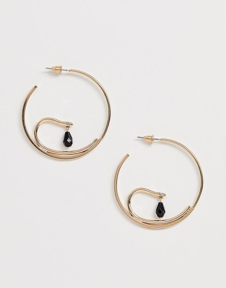 Asos Design Hoop Earrings In Snake Design With Tiny Stone Drop In Gold Tone - Gold