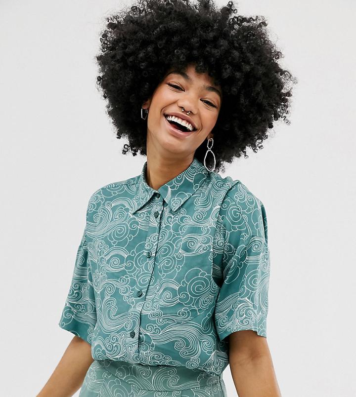 Monki Two-piece Cloud Print Oversized Shirt With Short Sleeves In Turquoise - Green