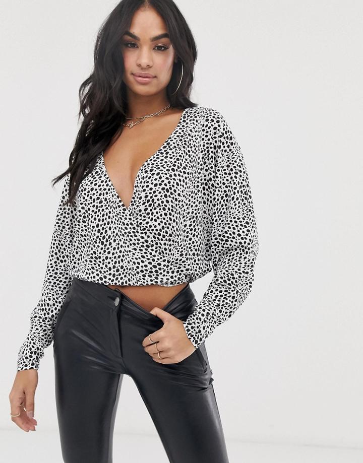Asos Design Batwing Wrap Top In Dalmation Polka Dot-white