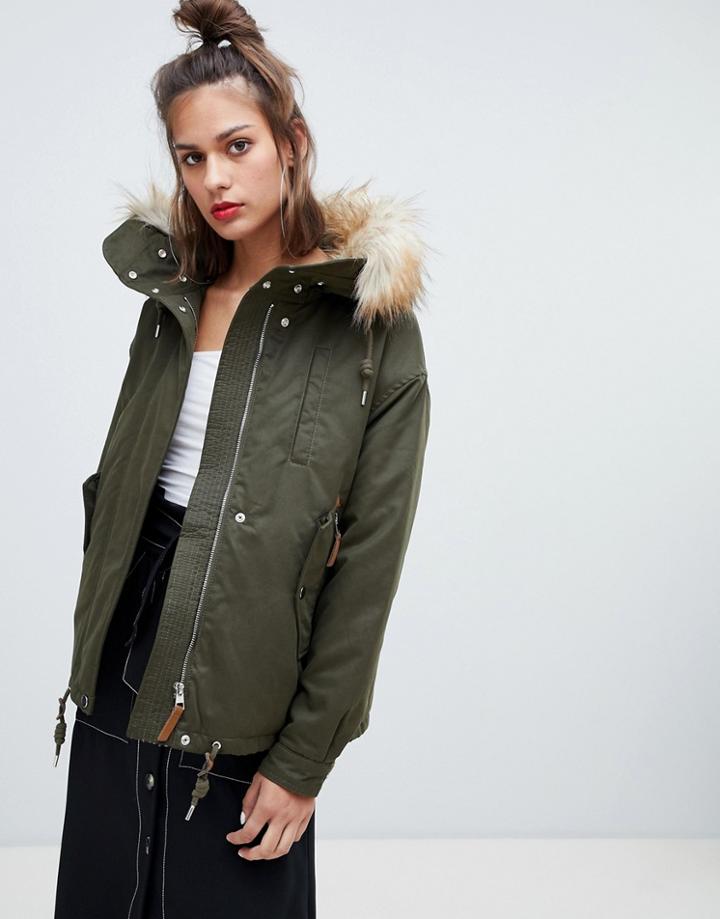 Pull & Bear Waist Length Fur Hood Parka In Khaki - Green