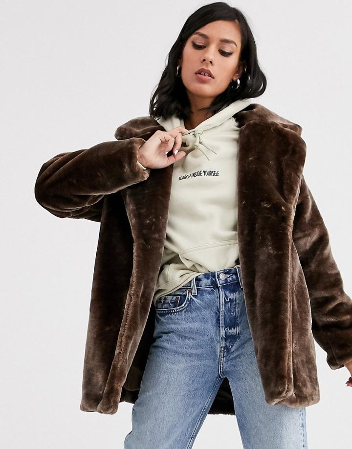 Monki Short Faux Fur Jacket In Brown