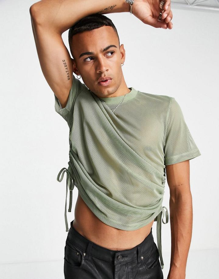 Asos Design T-shirt In Khaki Mesh With Side Ruching Detail-green