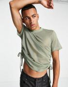 Asos Design T-shirt In Khaki Mesh With Side Ruching Detail-green