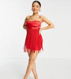 Asos Design Petite Cowl Bandeau Fringed Mini Dress In Red-multi