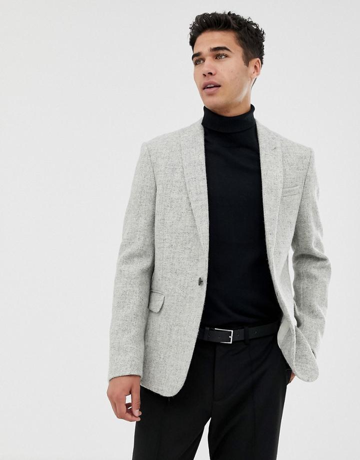Asos Slim Suit Jacket In 100% Wool Harris Tweed In Light Gray