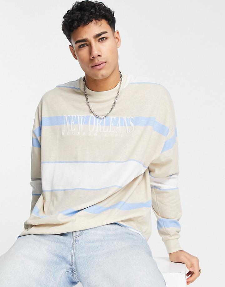 Asos Design Oversized Long Sleeve Stripe T-shirt In Beige With City Print-neutral