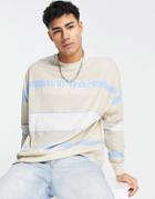 Asos Design Oversized Long Sleeve Stripe T-shirt In Beige With City Print-neutral