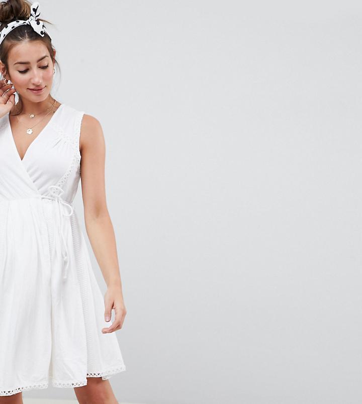 Asos Design Maternity Mini Wrap Sundress With Embroidered Trims - White
