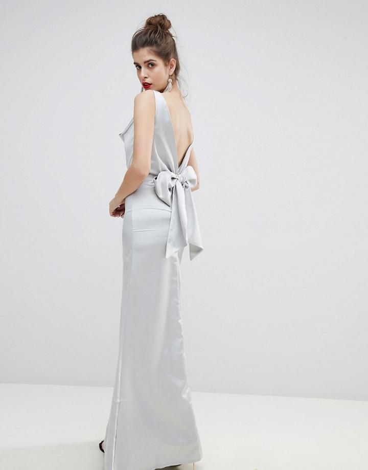 True Violet Satin Bow Back Maxi Dress-silver