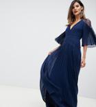 Asos Design Pleated Paneled Flutter Sleeve Maxi Dress With Lace Inserts - Navy