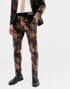 Devils Advocate Slim Fit Floral Velvet Suit Pants - Brown