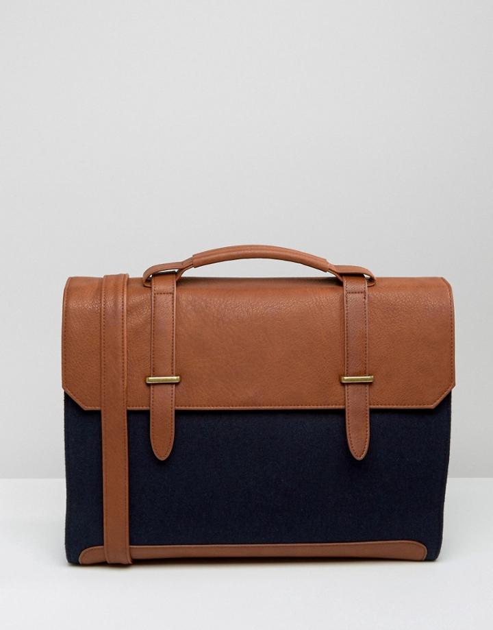 Asos Smart Satchel In Navy Melton - Tan