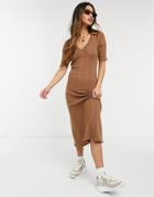Fashion Union Lightweight Wide Rib Knit Midi Dress With Collar Detail-brown