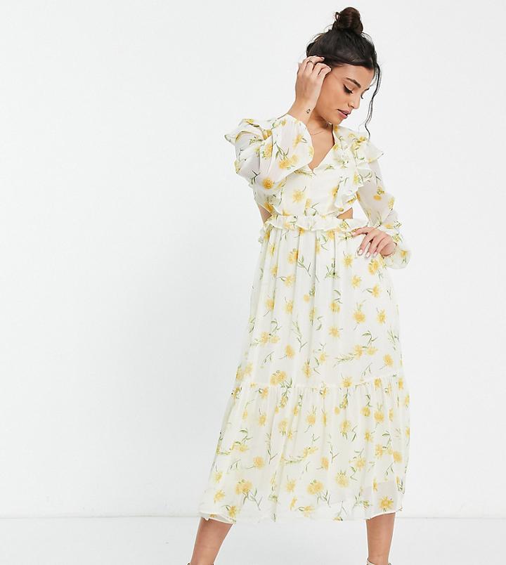 Miss Selfridge Petite Ruffle Cut Out Midi Dress In Yellow Sunflower-white