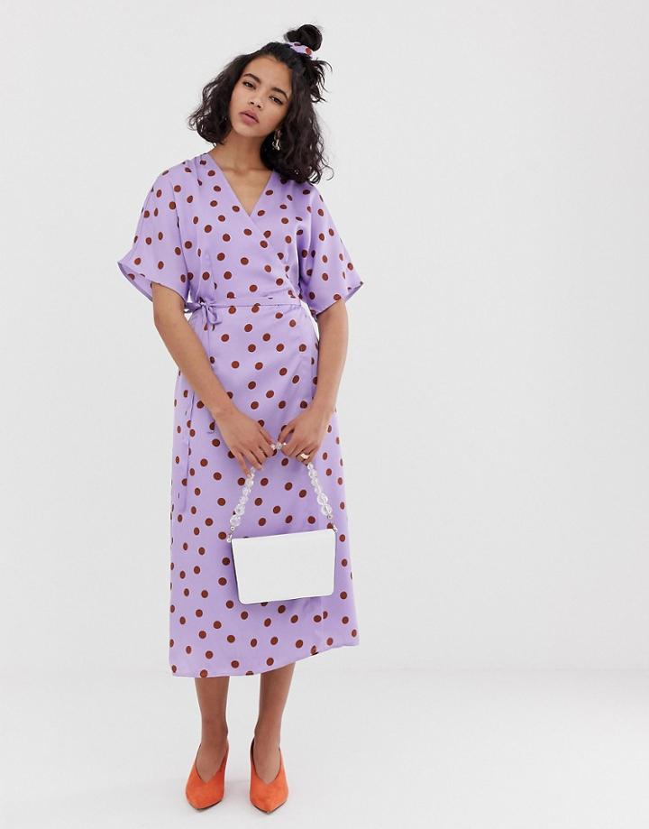 Gestuz Elsie Polka Dot Sateen Wrap Midi Dress With Matching Hair Scrunchie-multi