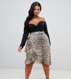 Prettylittlething Ruffle Hem Wrap Skirt In Leopard - Brown