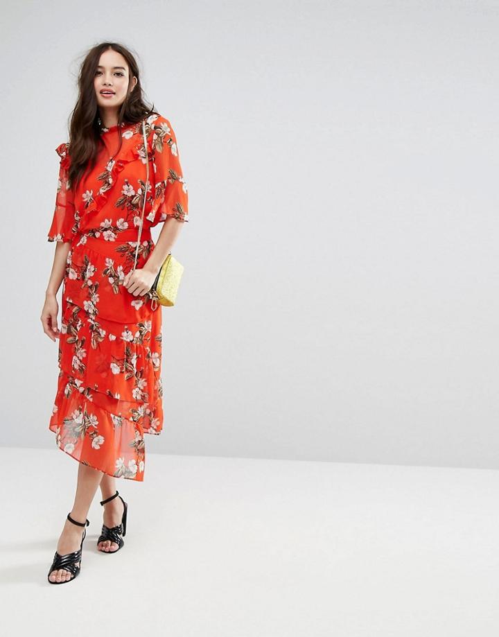 Miss Selfridge Midi Skirt With Tiered Ruffles In Red Floral Print - Black