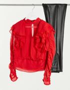 Asos Design Long Sleeve Ruffle Chiffon Blouse In Red