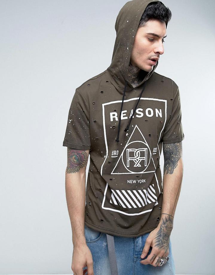 Reason Distressed Hoodie With Short Sleeves - Green