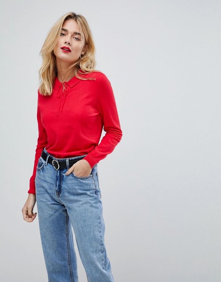 Vero Moda Knitted Top With Collar Detail - Red