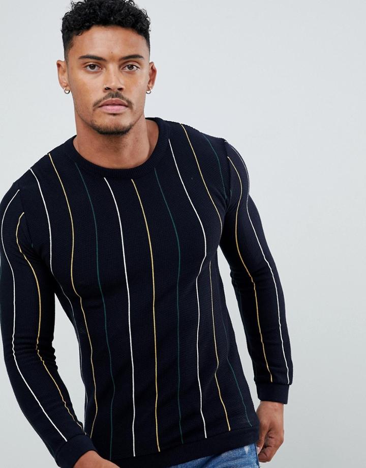 River Island Crew Neck Sweater In Navy Stripe - Navy