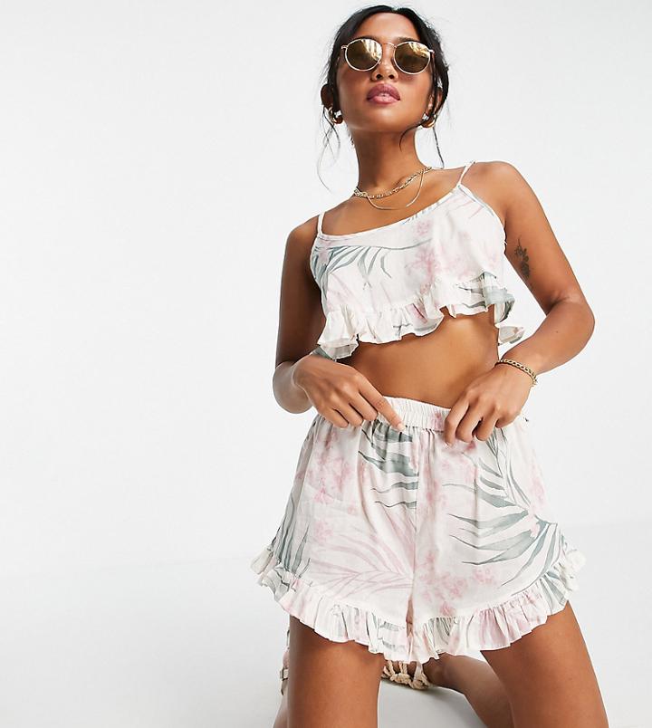 Asos Design Petite Frill Beach Set Short In Palm Print-multi