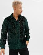 Asos Design Regular Fit Floral Burn Out Shirt In Dark Green - Green