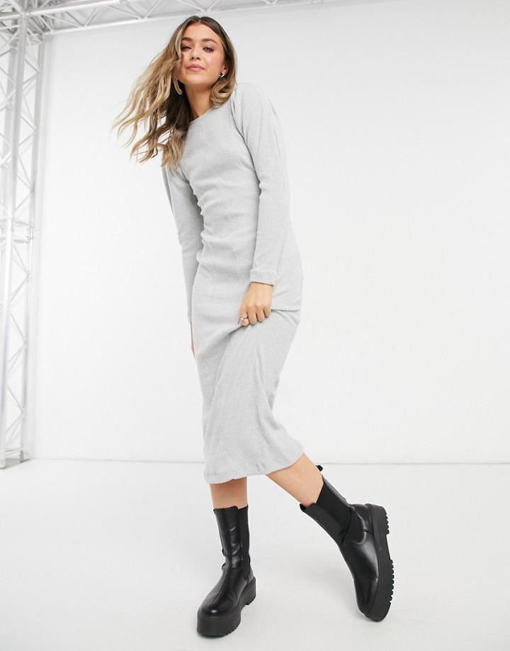 Topshop Puff Sleeve Ribbed Midi Dress In Gray Heather-grey