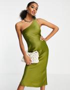 Asos Design One Shoulder Bias Cut Midi Dress In Satin-green
