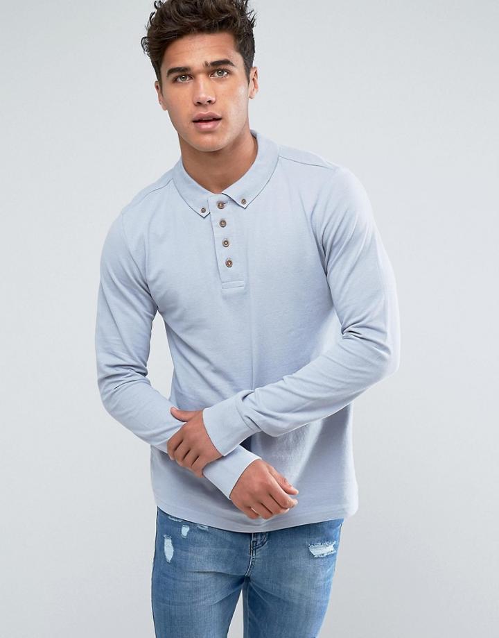 Brave Soul Long Sleeve Pique Polo Shirt - Blue