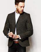 Heart & Dagger Herringbone 3 Button Blazer In Skinny Fit - Khaki