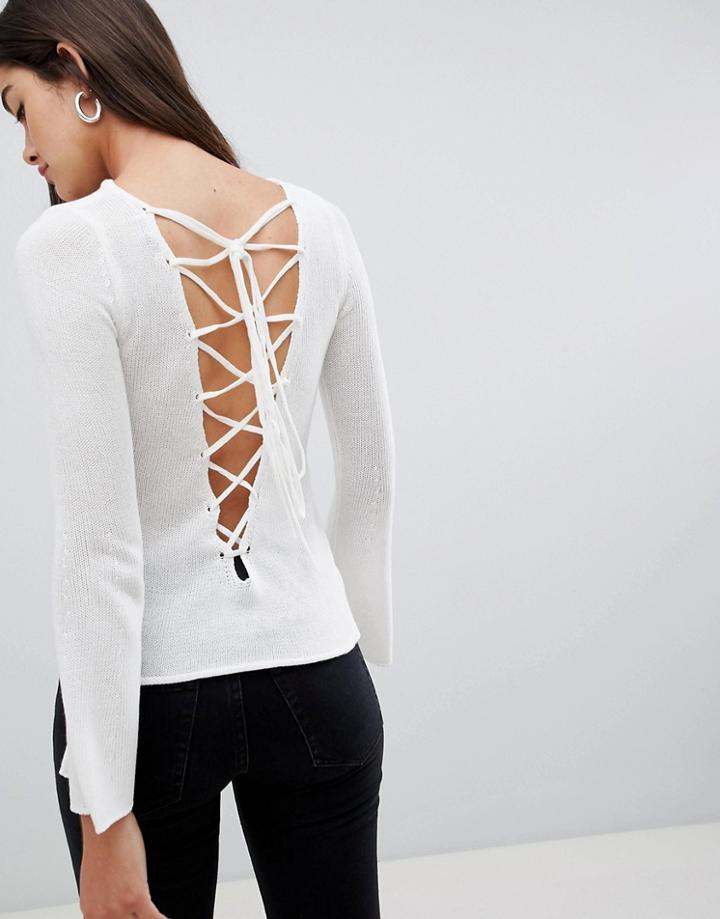 Glamorous Lace Up Back Sweater-white