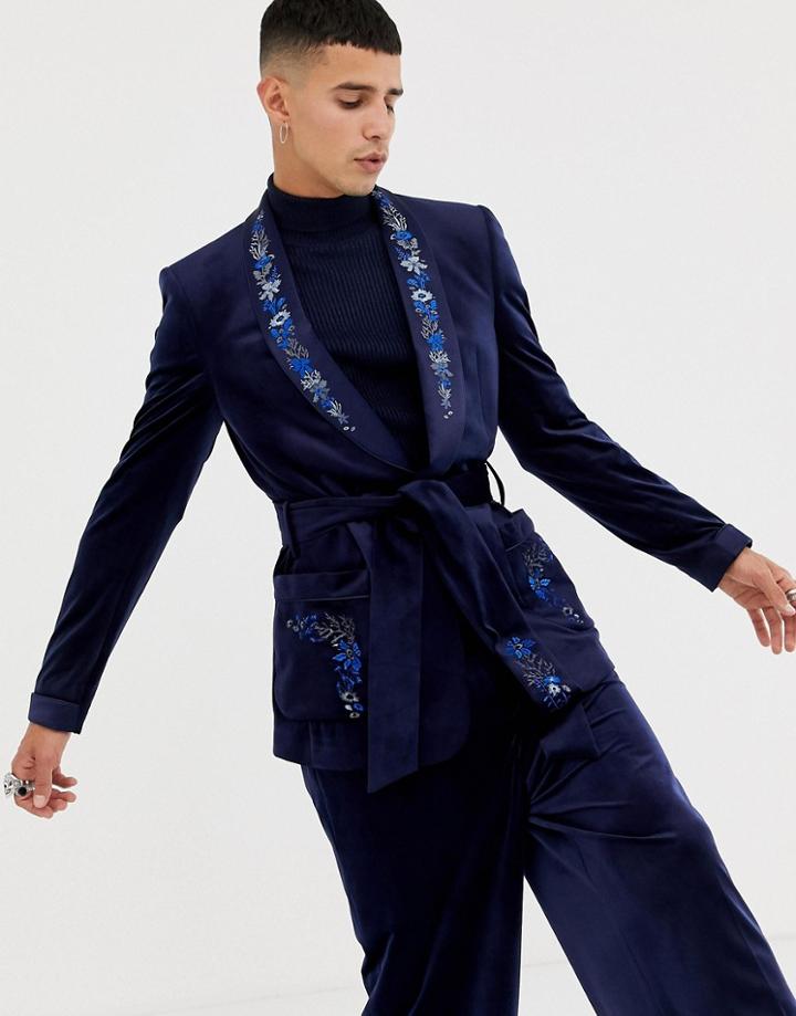 Asos Edition Skinny Blazer In Navy Velvet With Embroidery - Navy
