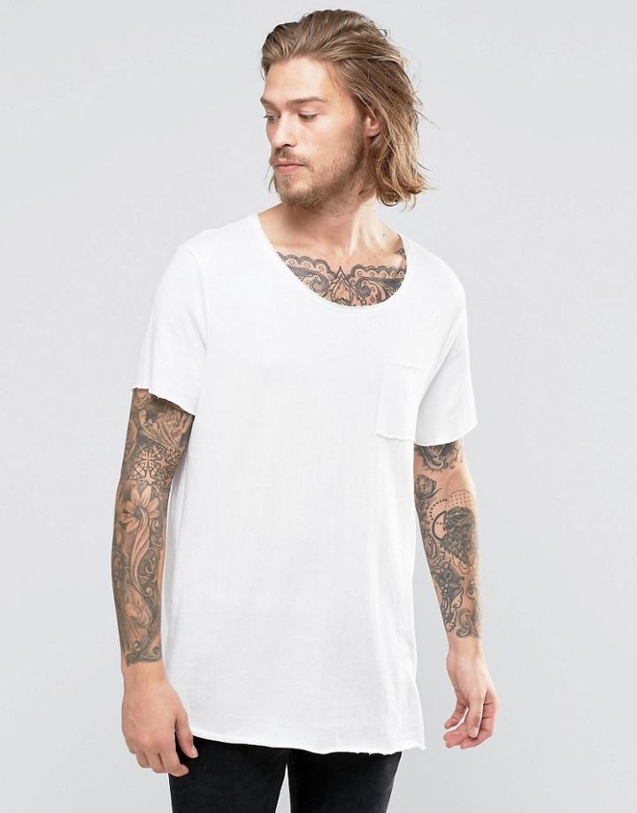 Asos Super Longline T-shirt In Soft Textured Fabric With Raw Edges And Pocket - Off White