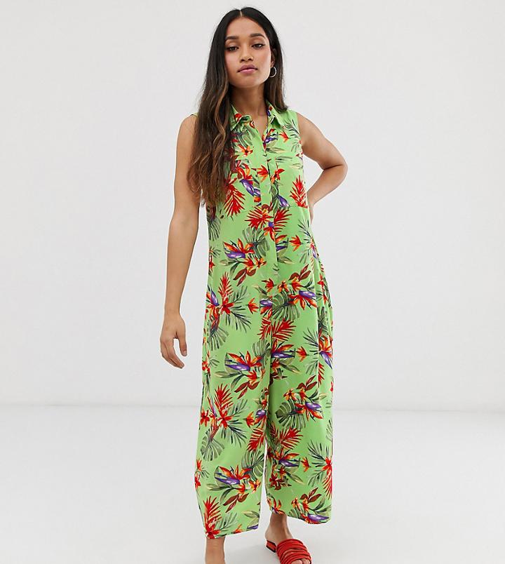 Asos Design Petite Casual Culotte Shirt Jumpsuit In Tropical Print - Multi
