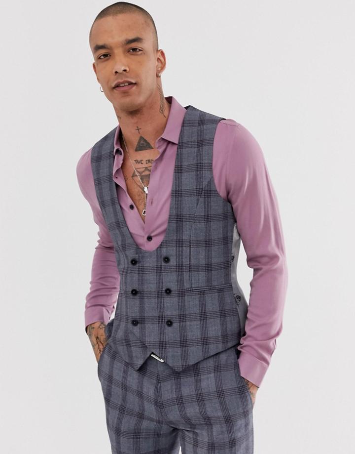 Twisted Tailor Super Skinny Suit Vest In Blue Check - Blue