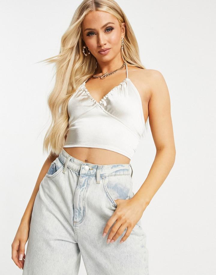 Motel Halter Neck Ruched Crop Top In Ivory Satin-white