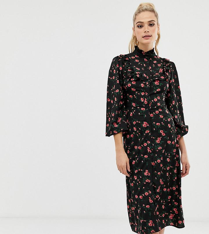 Fashion Union Tall Midi Shirt Dress In Spot - Black