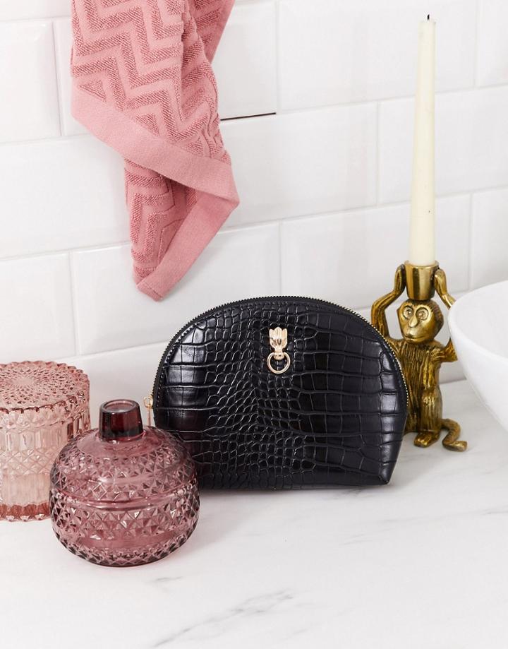 Asos Design Half Moon Makeup Bag In Croc With Dragon-black