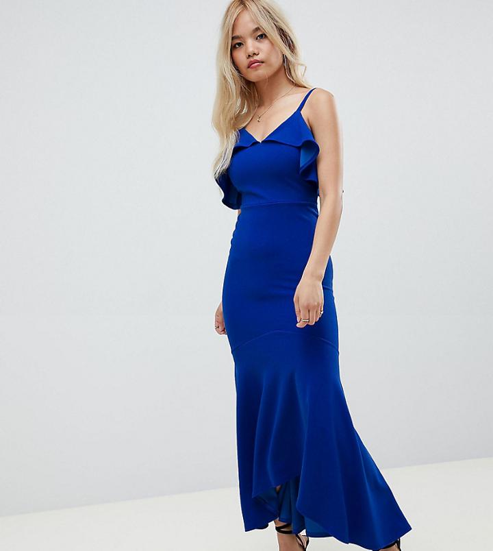 John Zack Petite Ruffle Detail Fishtail Maxi Dress In Cobalt - Blue
