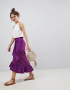 Asos Design Cotton Midi Skirt With Tie Belt And Ruffle Hem - Purple