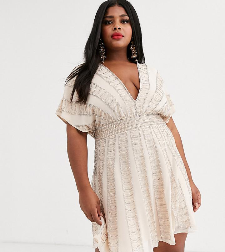 Asos Design Curve Mini Skater Dress In Linear Beading And Sequin-multi
