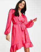 New Look Satin Wrap Dress With Ruffles In Bright Pink