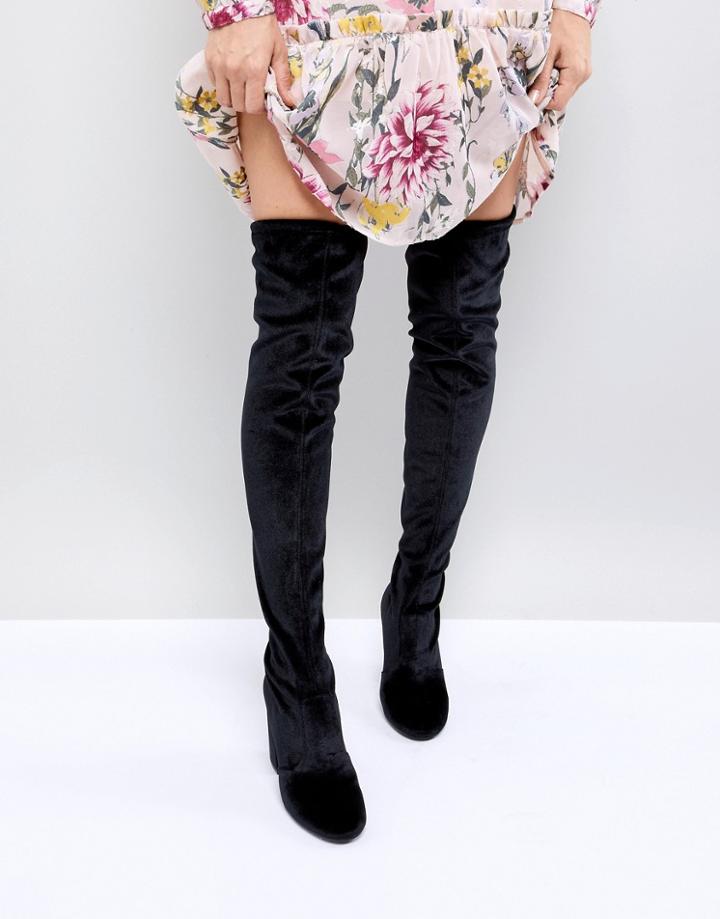 Miss Selfridge Over The Knee Velvet Boot - Black