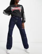Pull & Bear High Waisted Paneled Straight Leg Jean In Blue