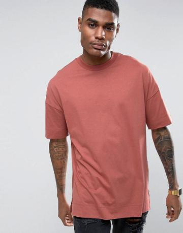 Asos Oversized Longline T-shirt In Red With Turn Up - Red