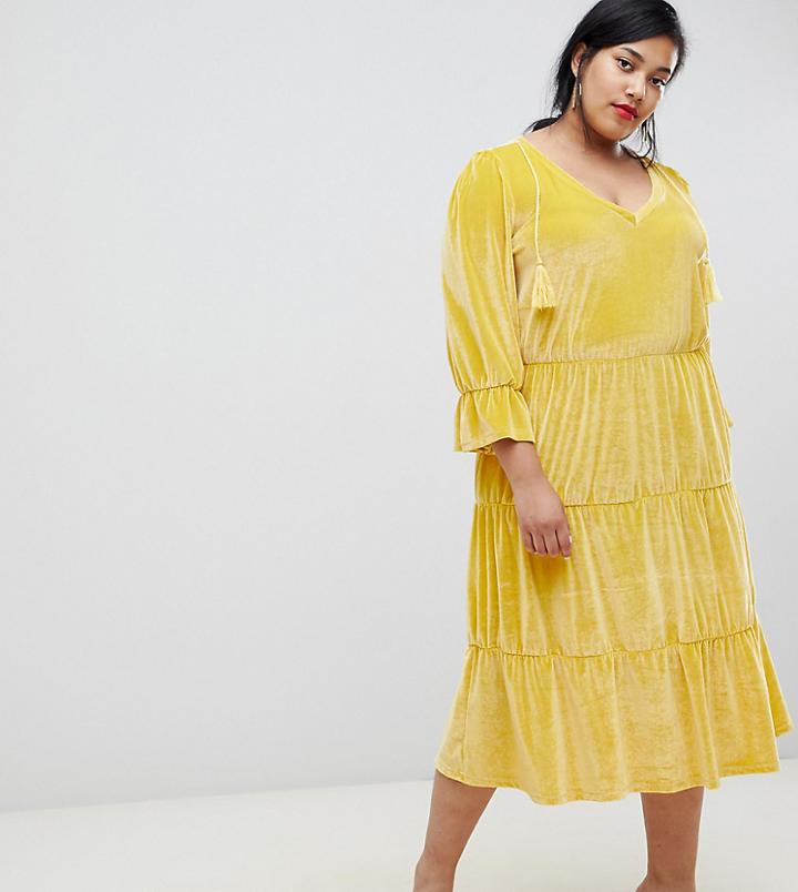 Junarose Tiered Velour Dress - Yellow