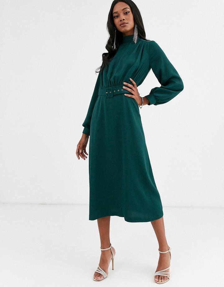 Closet London High Neck Belted Midi Dress In Forest Green